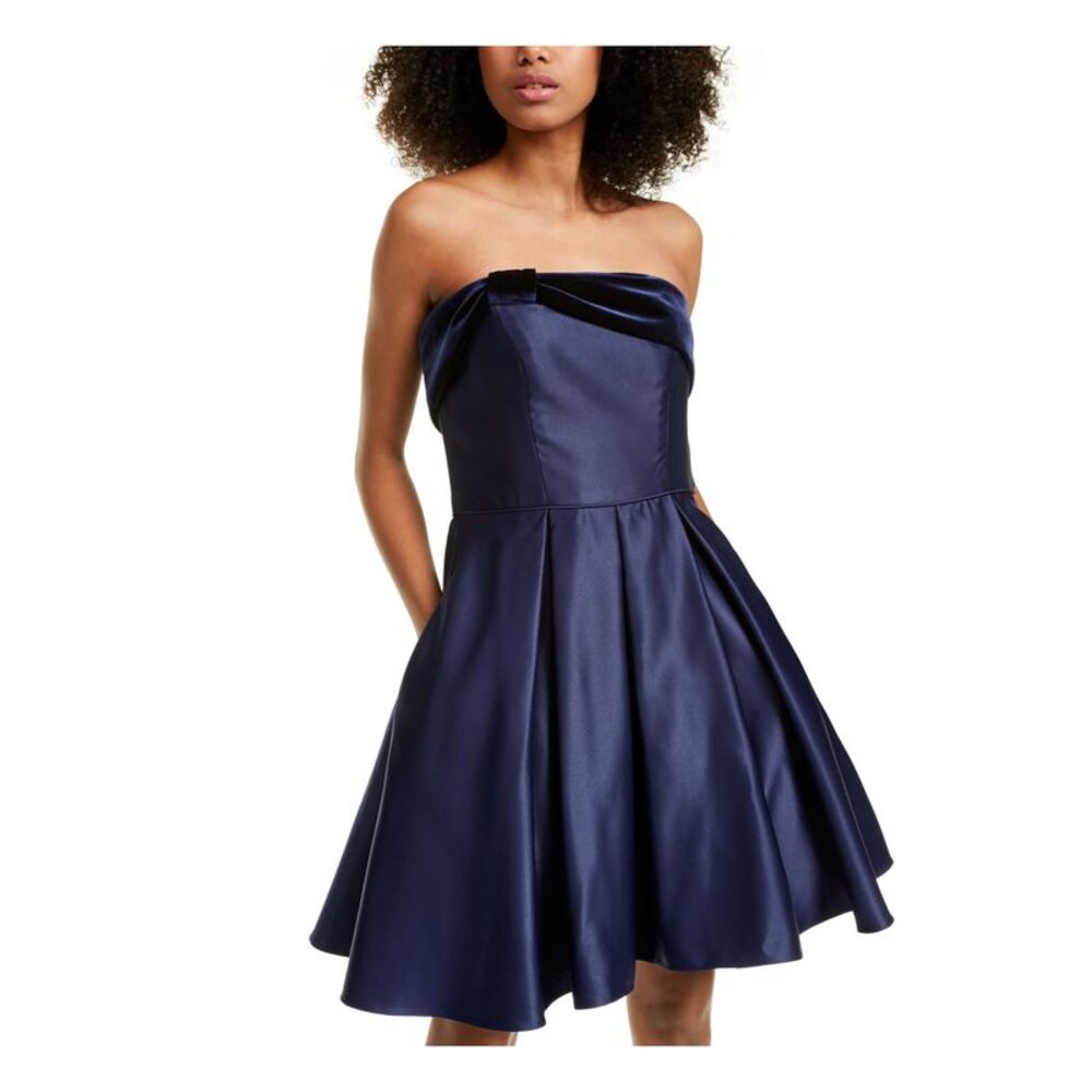 BLONDIE Womens Fit + Flare Above The Knee Dress Navy Strapless Party Juniors 0